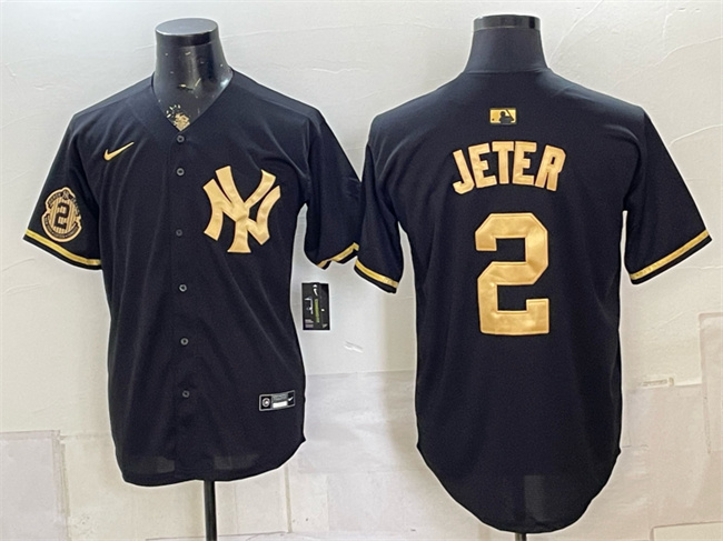 Men's New York Yankees #2 Derek Jeter Black Gold With Patch Stitched Baseball Jersey Men's New York Yankees #2 Derek Jeter Black Gold With Patch Stitched Baseball Jersey
